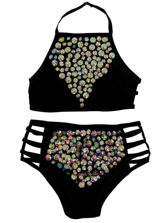 I Heart Raves 2 Piece Black Holographic Caged Halter Top & Bottoms Set| Festival - Picture 2 of 16